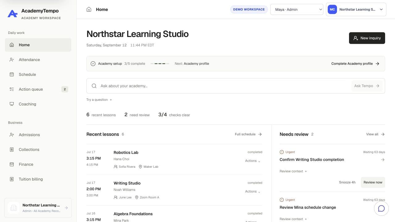 AcademyTempo home workspace with lessons and work needing review